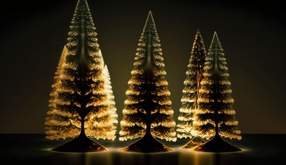 Glowing Christmas trees as panorama background, Generate Ai