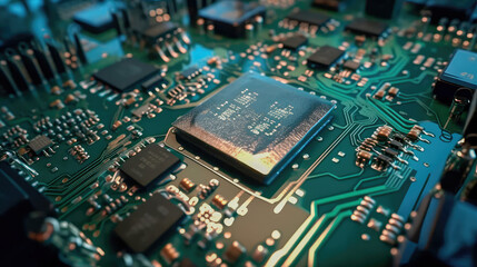 Close-up of an electrical printed circuit board. Multicore, gold and blue, super powerful. Generative AI