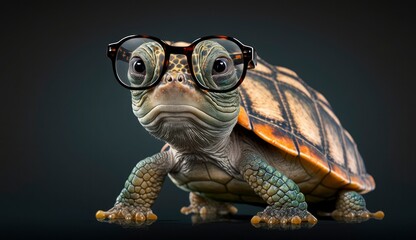 Cute little green turtle with glasses in front of studio background. Generative AI.