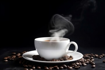 Fototapeta premium Closeup of White Cup of Espresso Coffee on Table with Black Coffee Beans on White Background