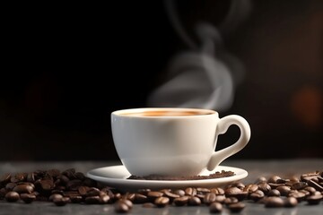 Obraz premium Closeup of White Cup of Espresso Coffee on Table with Black Coffee Beans on White Background