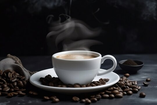 Closeup of White Cup of Espresso Coffee on Table with Black Coffee Beans on White Background