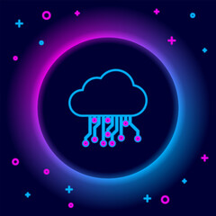 Glowing neon line Internet of things icon isolated on black background. Cloud computing design concept. Digital network connection. Colorful outline concept. Vector