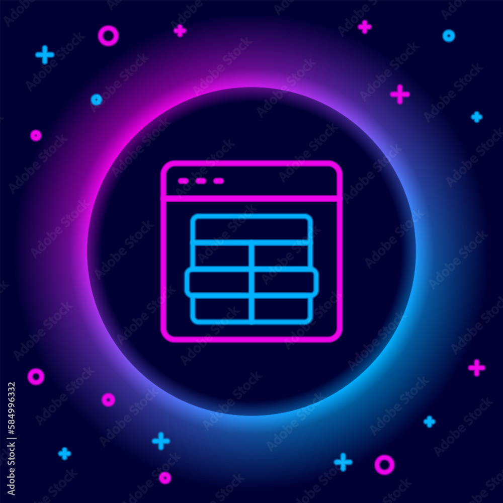 Poster glowing neon line mysql code icon isolated on black background. html code symbol for your web site d