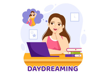 Fototapeta na wymiar People Daydreaming Illustration with Imagining and Fantasizing in Bubble for Landing Page or Poster Templates in Flat Cartoon Hand Drawn