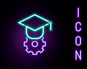 Fototapeta premium Glowing neon line Graduation cap icon isolated on black background. Graduation hat with tassel icon. Colorful outline concept. Vector