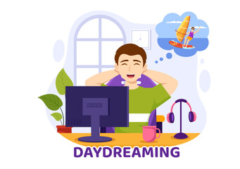 People Daydreaming Illustration with Imagining and Fantasizing in Bubble for Landing Page or Poster Templates in Flat Cartoon Hand Drawn