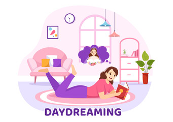 People Daydreaming Illustration with Imagining and Fantasizing in Bubble for Landing Page or Poster Templates in Flat Cartoon Hand Drawn