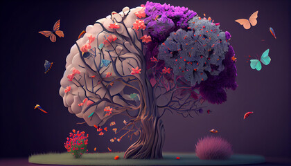 Human brain tree with flowers, self care and mental health concept, positive thinking, creative mind, generative AI