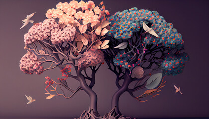 Human brain tree with flowers, self care and mental health concept, positive thinking, creative mind, generative AI