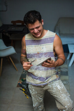 Happy transgender man working