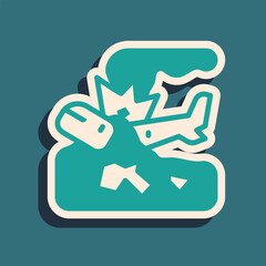 Green Plane crash icon isolated on green background. Long shadow style. Vector