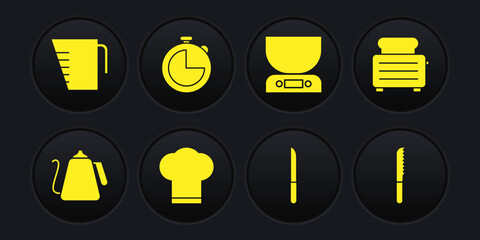 Set Kettle with handle, Toaster toasts, Chef hat, Knife, Electronic scales, Kitchen timer, Bread knife and Measuring cup icon. Vector
