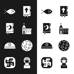Set Church building, Holy book of Koran, Christian fish, bible, Jewish kippah with star david, Moon, Jesus and Jainism icon. Vector