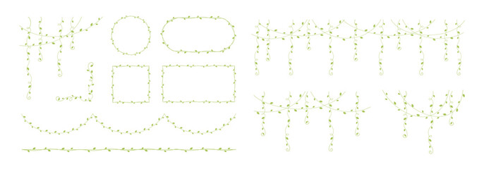 Green vines frames and borders, hanging vine curtain design, botanical elements vector illustration set