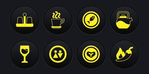 Set Wine glass, Kettle with handle, Toilet, Steak meat on plate, Served fish, Coffee cup, Hot chili pepper pod and Salt icon. Vector
