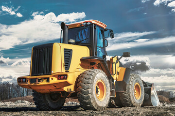 Powerful wheel loader or bulldozer working on a quarry or construction site. Earthworks in construction. Powerful modern equipment for earthworks.
