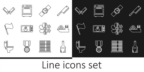 Set line Paint brush, Cargo ship, Wrist watch, Microwave oven, Flag, Crossed meat chopper, Air conditioner and Oven icon. Vector