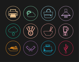 Set line USB, Blender, Handbag, Medal, Cloud upload, Printer, Bowl with chopsticks and Sun cloud weather icon. Vector