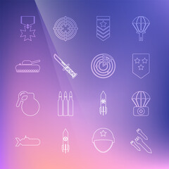 Set line Rocket, Parachute with first aid kit, Chevron, Military knife, tank, reward medal and Radar targets icon. Vector