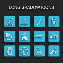 Set line Thermos container, Compass, Tourist tent with flag, Old wooden axe, Campfire, Flashlight and icon. Vector