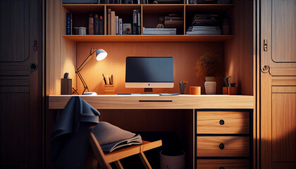 Fototapeta na wymiar modern office wooden room with laptop generative ai art
