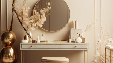 In a sunlit cream-walled bedroom, an empty modern and minimalist beige dressing table with a round vanity mirror steals the show. Its gold handle drawer storage and glass vase with twigs complete the  - obrazy, fototapety, plakaty