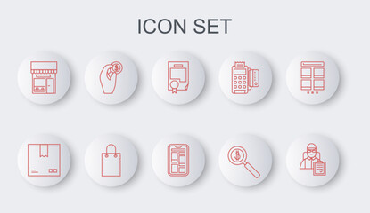 Set line Delivery man with cardboard boxes, Magnifying glass and dollar, Shopping building or market store, Hand holding coin money, Paper shopping bag and Online phone icon. Vector