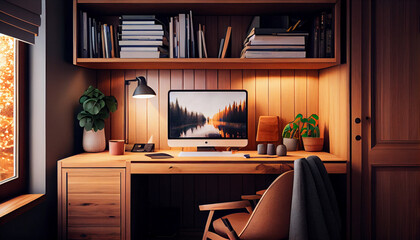 modern office wooden room with laptop generative ai art
