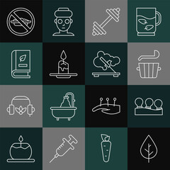 Set line Leaf, Vacuum cans, Sauna bucket and ladle, Dumbbell, Aroma candle, Medical book, Food no diet and Scented spa stick icon. Vector