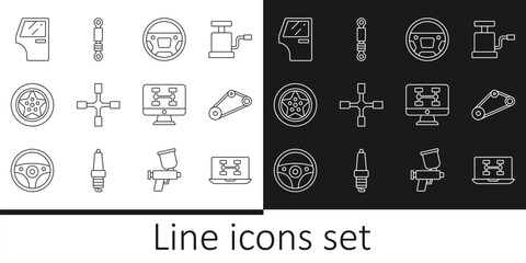 Set line Diagnostics condition of car, Timing belt kit, Steering wheel, Wheel wrench, Car, door, and Shock absorber icon. Vector