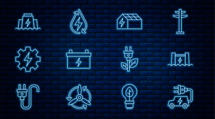 Set line Electric car, Hydroelectric dam, Solar energy panel, Car battery, Gear and lightning, saving plug leaf and Water icon. Vector