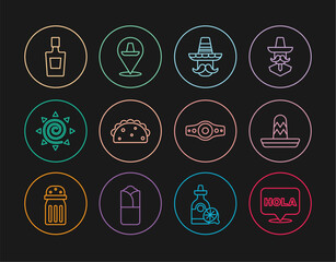 Set line Hola, Mexican sombrero, man, Taco with tortilla, Sun, Tequila bottle, Wrestling championship belt and icon. Vector
