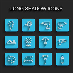 Set line Electric circular saw, planer tool, Angle grinder, Construction jackhammer, Screwdriver, Circular blade, cordless screwdriver and icon. Vector