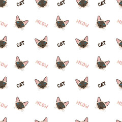 Cats seamless pattern, siamese cat with blue eyes, MEOW and CAT quotes. Pattern for fabric, wrapping paper, childrens clothing. Vector illustration illustration in a flat style.