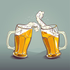 Two beer mugs clinking with splashed foam in vector