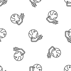 Grey line Global energy power planet with plug icon isolated seamless pattern on white background. Ecology concept and environmental. Vector