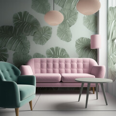 moody living room with planting wallpaper, light green sofa, and light pink sofa.