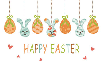 Fototapeta na wymiar easter day greeting banner painted eggs on ropes with bunnies