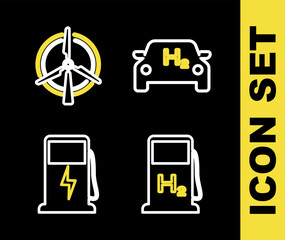 Set line Hydrogen car, filling station, Electric charging and Rotating wind turbine icon. Vector