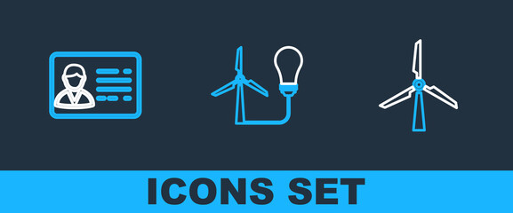 Set line Wind turbine, Identification badge and Light bulb with wind icon. Vector