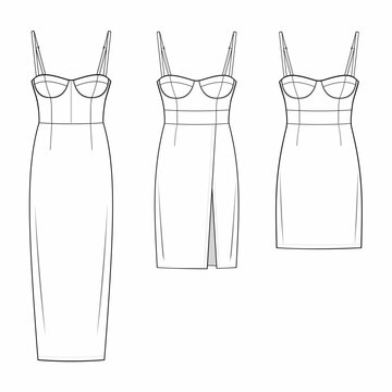 Three styles Bustier Bodycon Dress with molded cup and adjustable straps thigh length. fashion flats technical drawing template. Flat collection apparel Dresses template front, white color.CAD mockup.