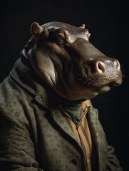 AI generated portrait of animal - a Hippopotamus in a suit	
