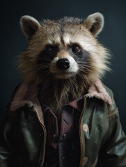 AI generated portrait of animal - a raccoon in a jacket	
