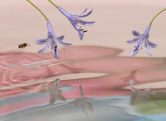 Bee flying to flowers over psychedelic water