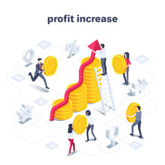 isometric vector illustration on a white background, people in business clothes carry gold coins to a chart from columns with a red arrow, teamwork or profit increase