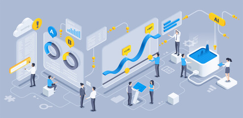 isometric vector illustration on a gray background, people in business clothes are working in front of a huge screen with data that is entered on the server, data center