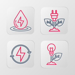 Set line Light bulb with leaf, Lightning bolt, Electric saving plug and Water energy icon. Vector