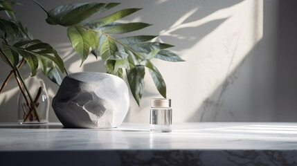 Minimal, modern white marble stone counter table, tropical tree in sunlight, leaf shadow on concrete texture wall background for luxury fresh organic cosmetic, skincare, beauty treatment product 3D