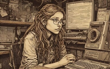 stylized drawing of a girl working at a laptop, 1930s, black and white art generated in AI
